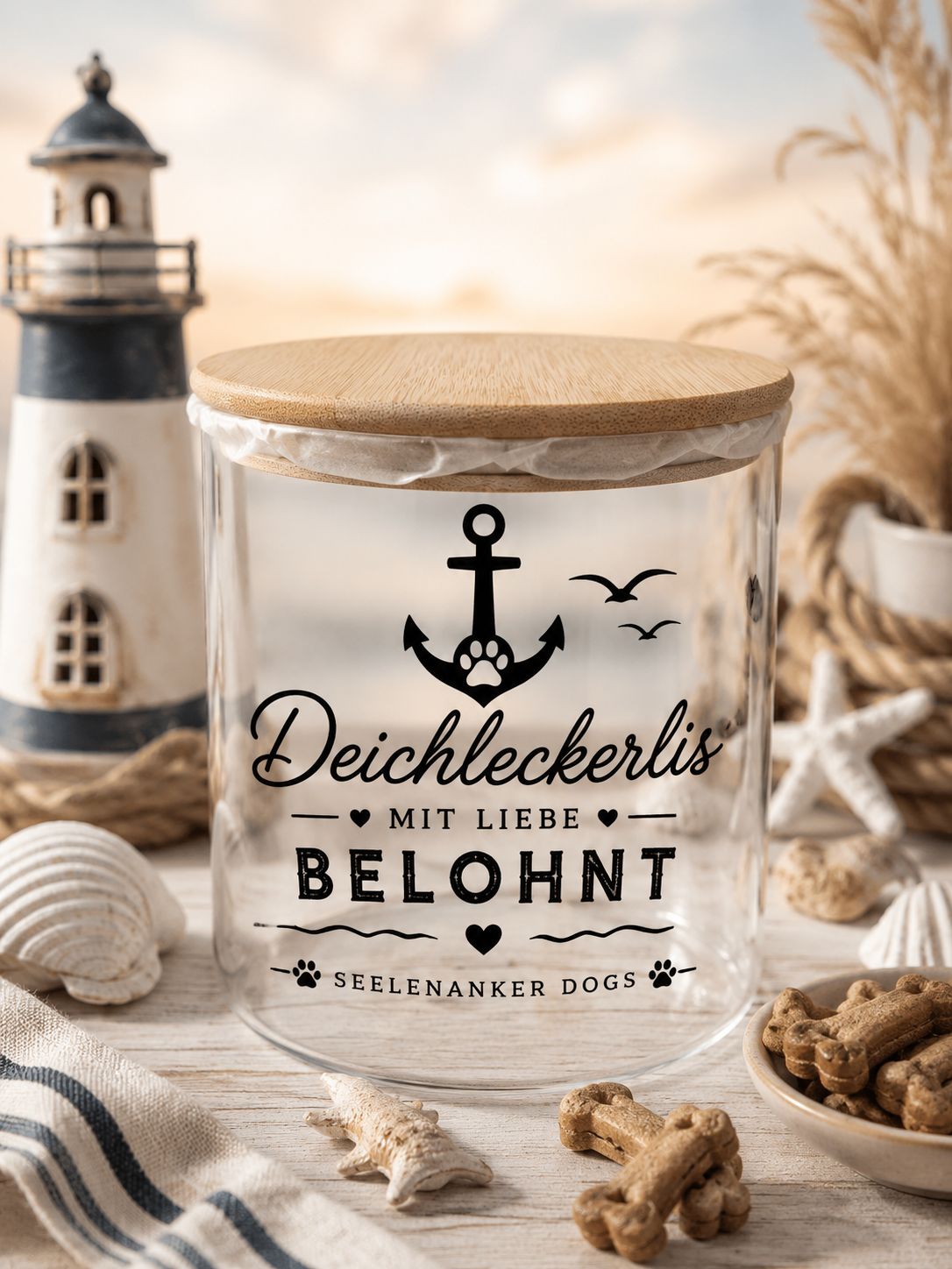 Leckerlieglas „Seelenanker Dogs“ – Spruch frei wählbar  Der schönste Aufbewahrungsplatz für die Lieblingssnacks deiner treuen Sandnase. 🐾⚓