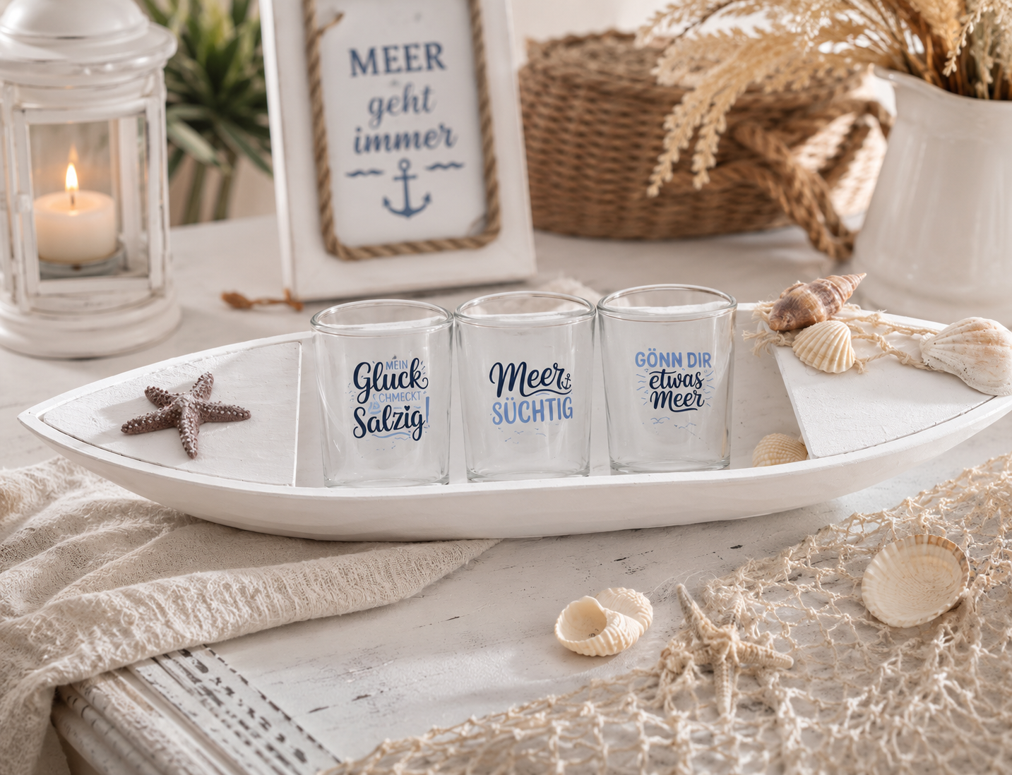 Maritimes Windlicht-Set „Meer geht immer“ – 3-teilig  Drei kleine Küstenbotschaften für gemütliche Momente mit Meeresgefühl.⚓