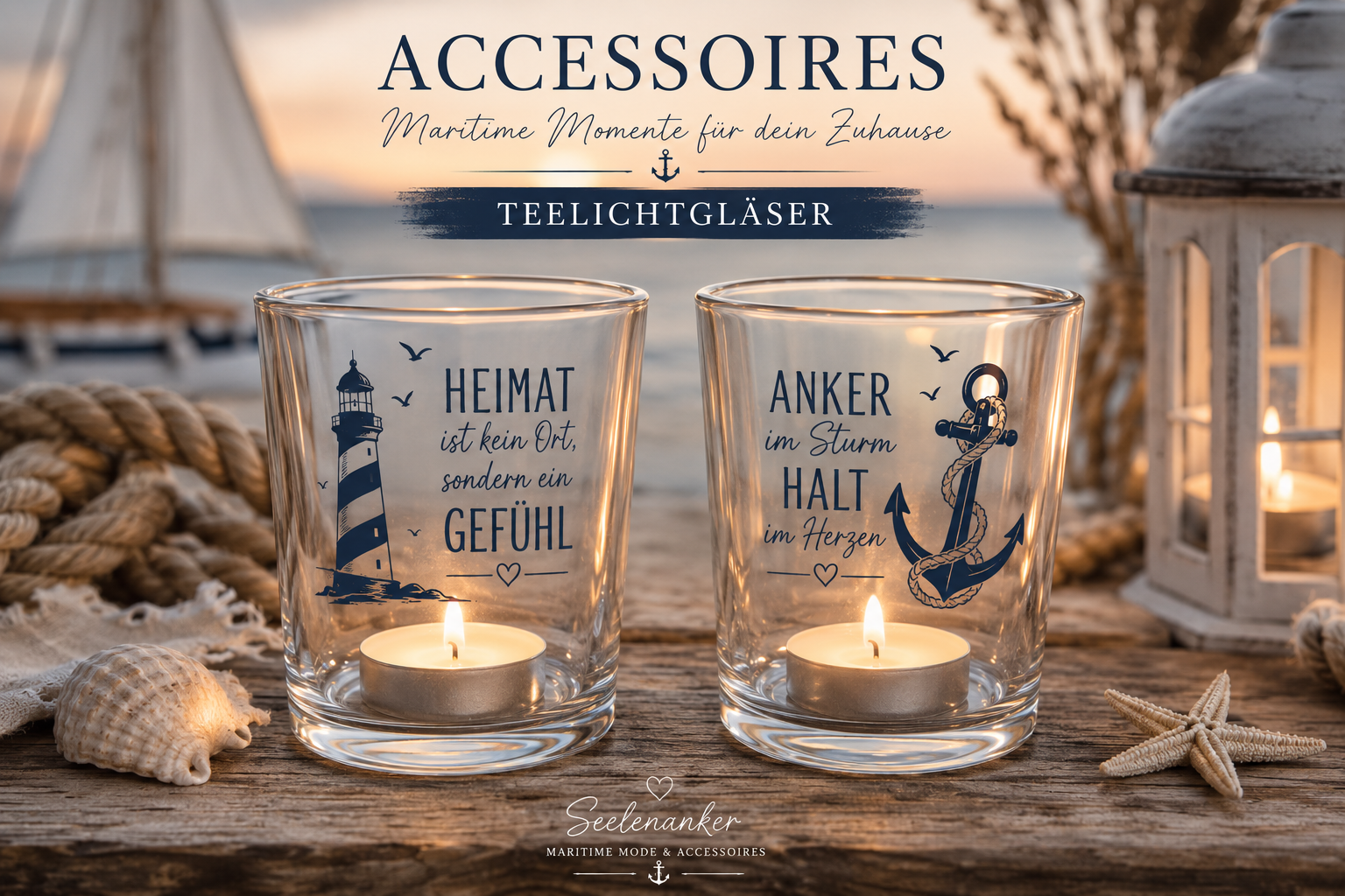 🌊 2er Set Teelichtgläser „Heimat &amp; Anker“ | Seelena