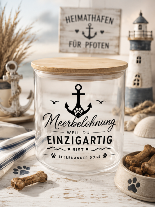 eckerlieglas „Seelenanker Dogs“ – Spruch frei wählbar  Der schönste Aufbewahrungsplatz für die Lieblingssnacks deiner treuen Sandnase. 🐾⚓