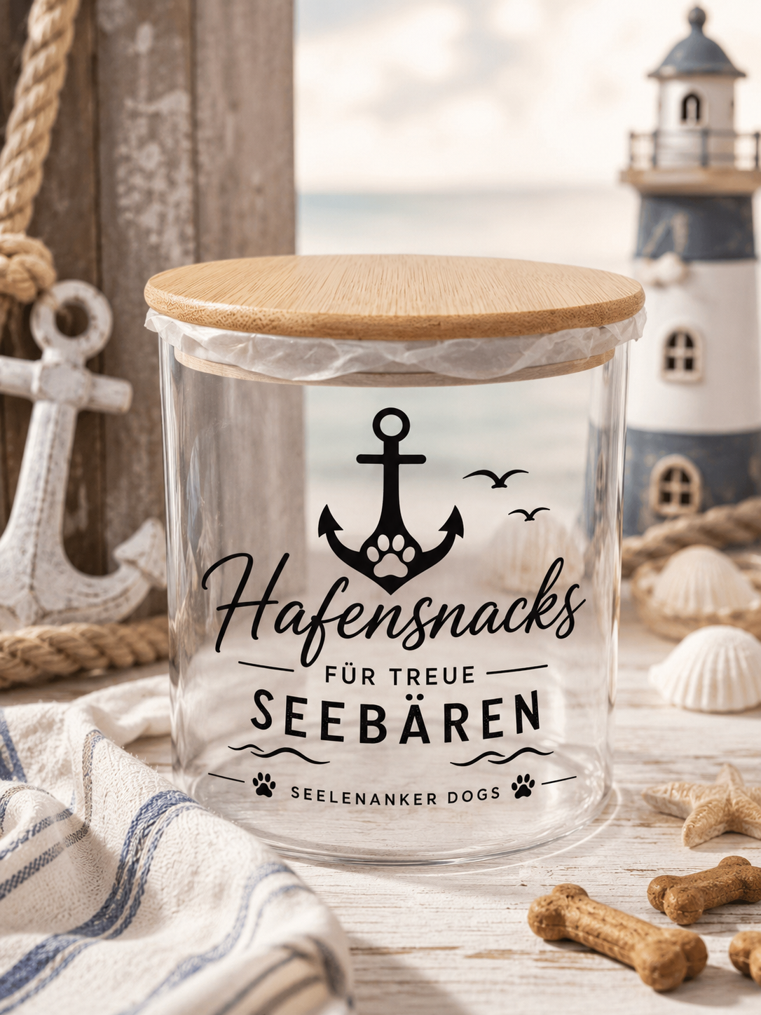 Leckerlieglas „Seelenanker Dogs“ – Spruch frei wählbar  Der schönste Aufbewahrungsplatz für die Lieblingssnacks deiner treuen Sandnase. 🐾⚓