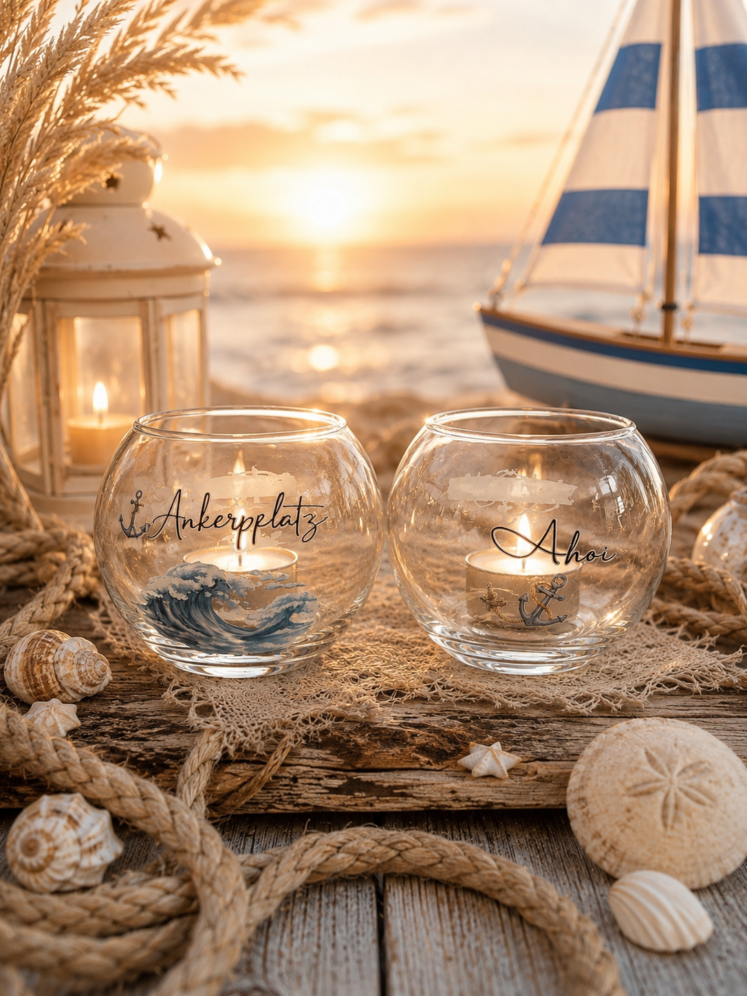 Maritimes Teelichtglas-Set „Ankerplatz & Ahoi“ – 2-teilig ⚓